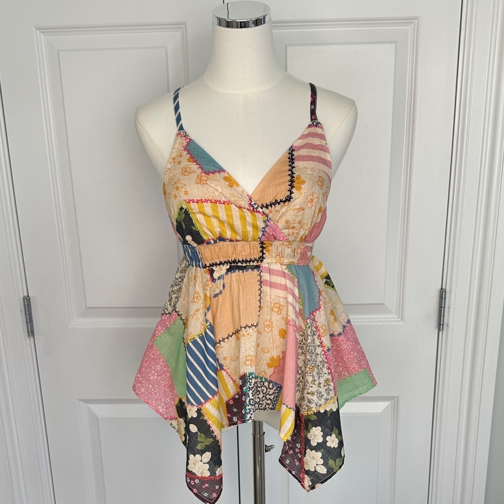 Anthropology Pilcro Patchwork Smocked Waist V-Neck Peplum Cami Boho Top Size XXS